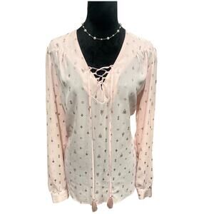 Faded Glory Pink Lace‑Up Long Sleeve Blouse Women’s Large EUC